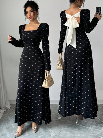 Modely Women's Bow Print Patchwork Waist A-Line Dress