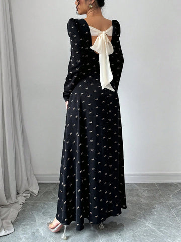 Modely Women's Bow Print Patchwork Waist A-Line Dress