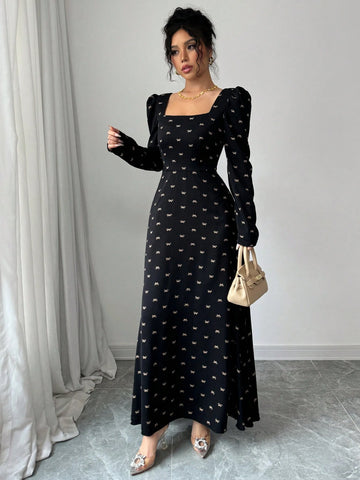 Modely Women's Bow Print Patchwork Waist A-Line Dress