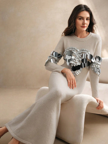 Anewsta Hand-Beaded And Sequined Elegant Sweater Dress