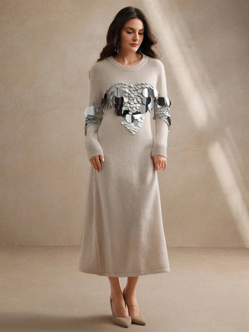 Anewsta Hand-Beaded And Sequined Elegant Sweater Dress