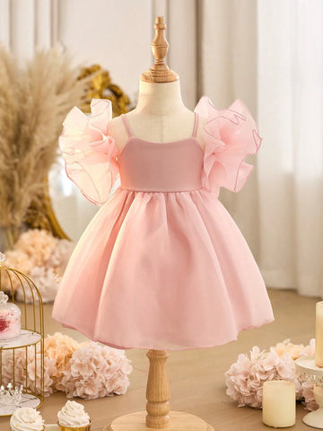 Baby Girl Cute Beige Knit Patchwork Organza Ruffle Strap Dress
