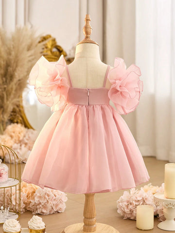 Baby Girl Cute Beige Knit Patchwork Organza Ruffle Strap Dress