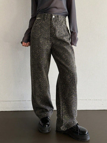 Women's Leopard Print Wide Leg Loose Casual Jeans With Pockets