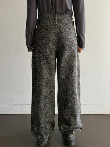 Women's Leopard Print Wide Leg Loose Casual Jeans With Pockets