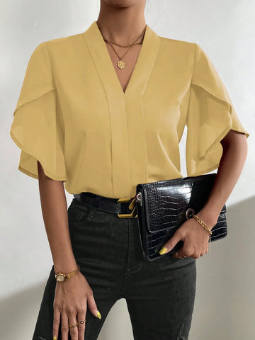 Clasi Solid Petal Sleeve V Neck Blouse
