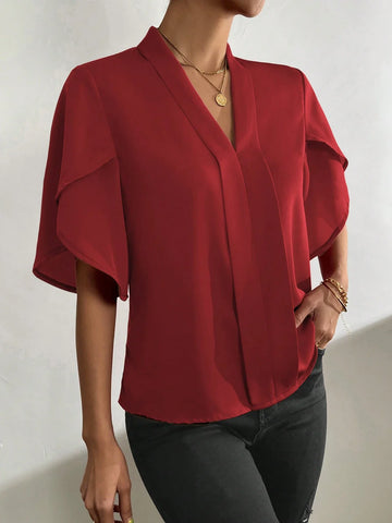 Clasi Solid Petal Sleeve V Neck Blouse
