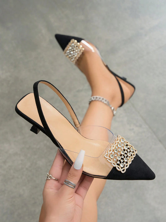 Women's Rhinestone Decorated Pointed Toe Slingback Kitten Heel Slip-On Pumps
