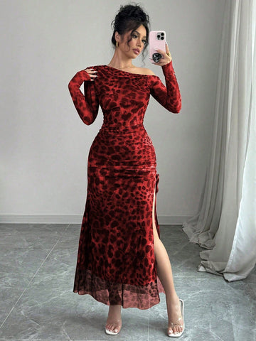 Elegant Tie Dye Gradient Ruched Mesh Leopard Print Asymmetrical Neck High Slit Dress