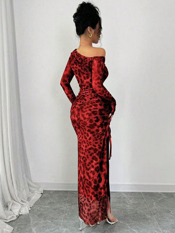 Elegant Tie Dye Gradient Ruched Mesh Leopard Print Asymmetrical Neck High Slit Dress