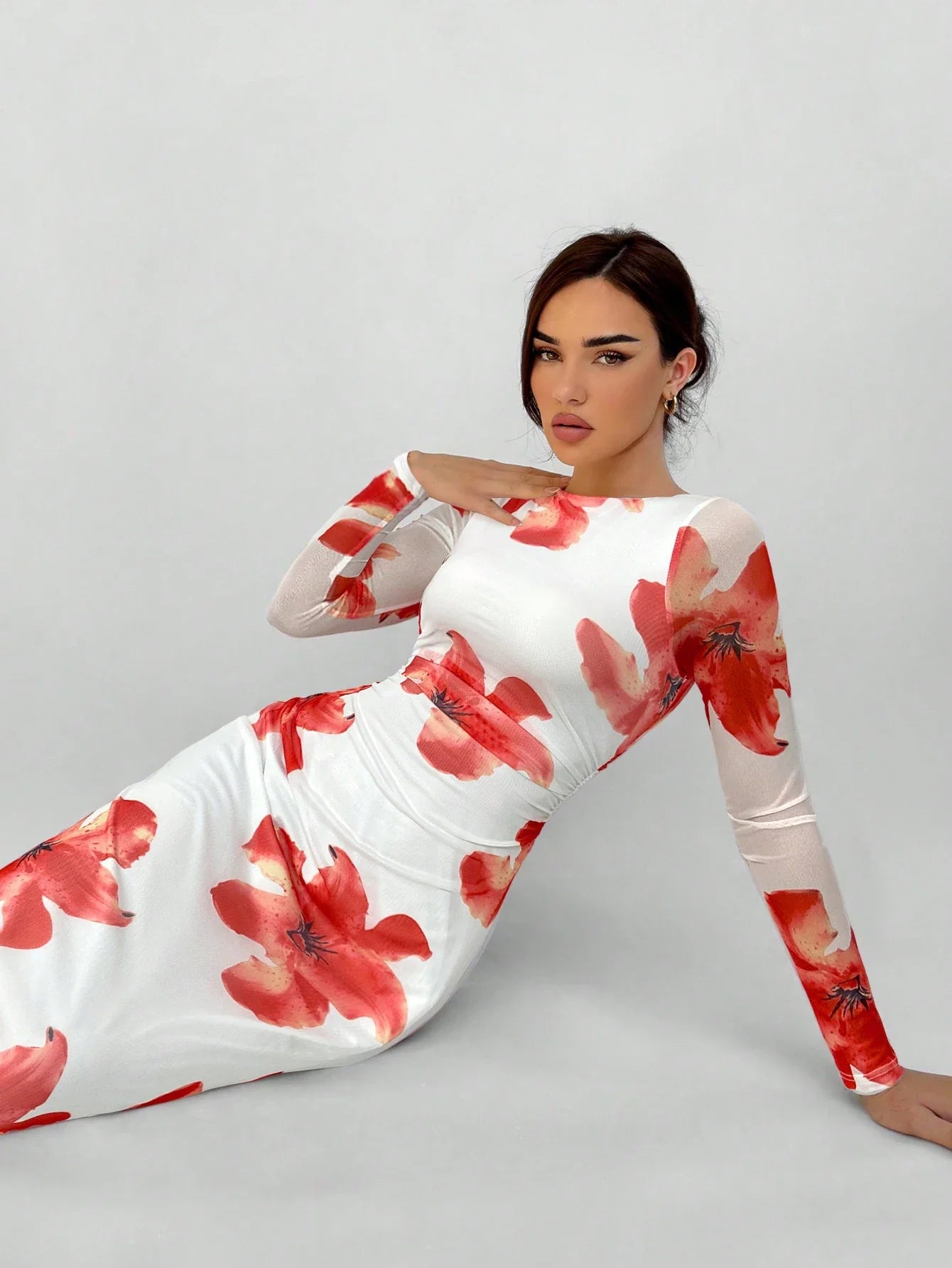 Aloruh Romantic Date Night Floral Print Pleated Long Sleeve Dress