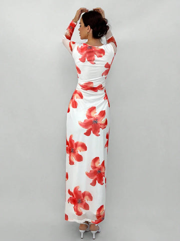 Aloruh Romantic Date Night Floral Print Pleated Long Sleeve Dress