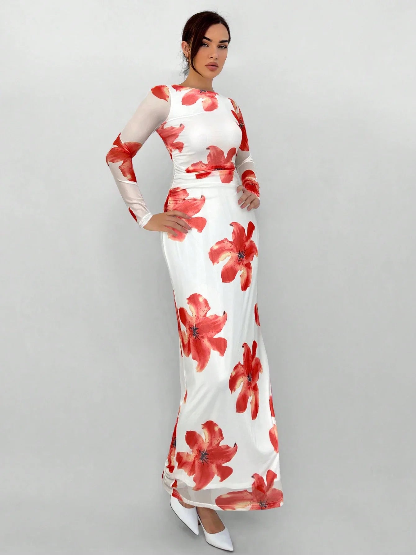 Aloruh Romantic Date Night Floral Print Pleated Long Sleeve Dress