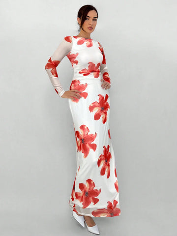 Aloruh Romantic Date Night Floral Print Pleated Long Sleeve Dress