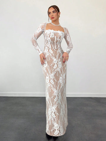 Sexy S-Shaped Lace Long Sleeve Cupped Corset Collar Slim Fitted Floor Length Dress