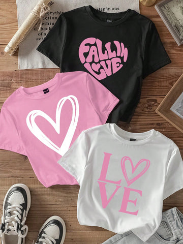 3pcs California Letter Graphic Round Neck Short Sleeve Cropped T-Shirt