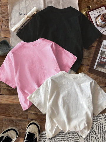 3pcs California Letter Graphic Round Neck Short Sleeve Cropped T-Shirt