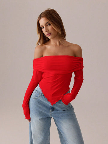 SXY Asymmetrical Pleated Pure Long-Sleeved T-Shirt