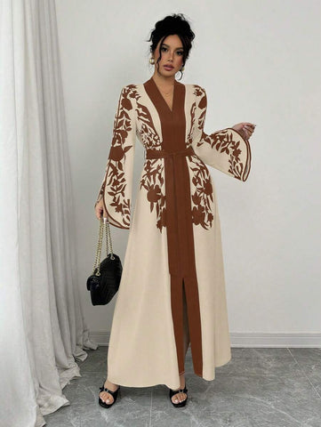 Clasi 1pc Women's Solid Color Splice Long Sleeve Printed Minimalist Long Casual Dress