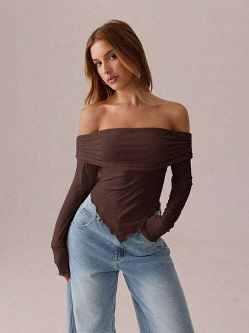 SXY Asymmetrical Pleated Pure Long-Sleeved T-Shirt