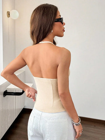 EZwear Women's Casual Solid Color Regular Fit Sleeveless Backless Knitted Tank Top
