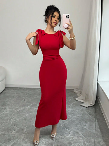 Raffinéa Elegant Dress For Women With Shoulder Bow Tie Up