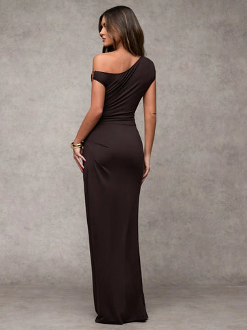 BAE Women's Elegant Asymmetric Metal Embellished Maxi Dress