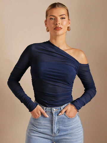 BAE Women's Asymmetrical Collar Ruched Perspective Tight T-Shirt