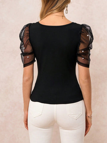 Clasi Ladies' Slim-Fit Sweetheart Neck Top With Mutton Sleeves