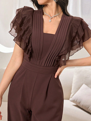 Modelyn Women Solid Color Mesh Panel Casual Jumpsuit