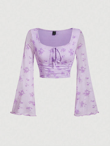 MOD Tie Dye Knot Front Flounce Sleeve Crop Top