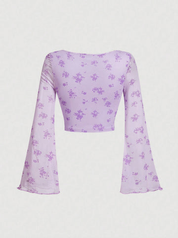 MOD Tie Dye Knot Front Flounce Sleeve Crop Top