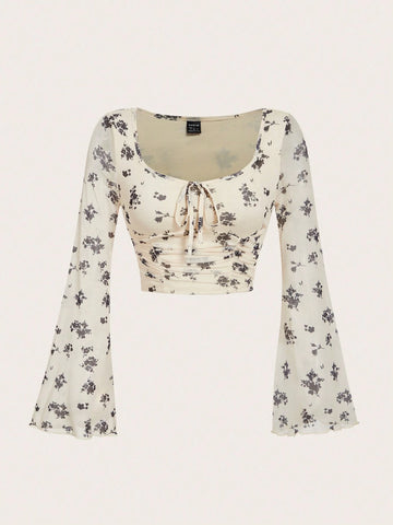 MOD Tie Dye Knot Front Flounce Sleeve Crop Top