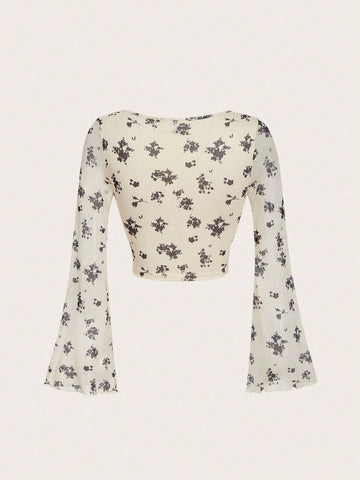 MOD Tie Dye Knot Front Flounce Sleeve Crop Top
