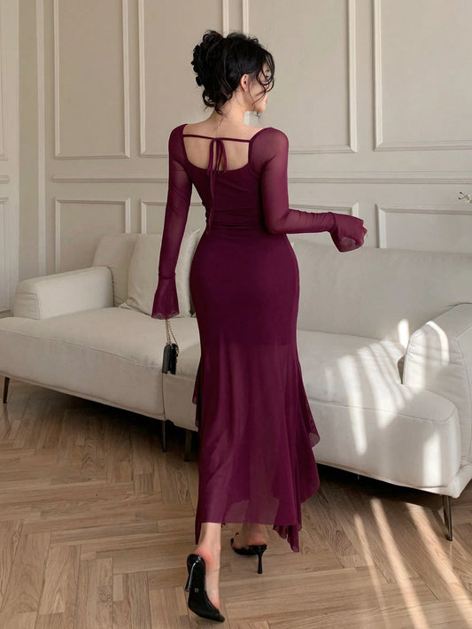 Mermaid Tail Mesh See-Through Flare Sleeve Valentine's Day Dress