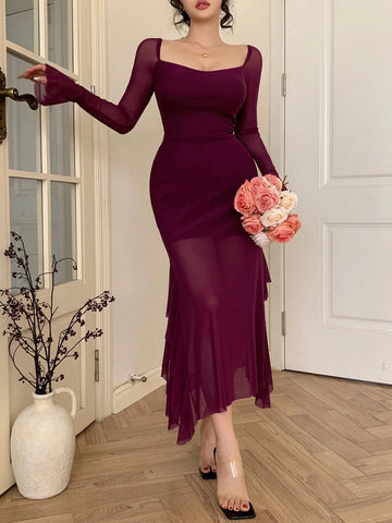 Mermaid Tail Mesh See-Through Flare Sleeve Valentine's Day Dress