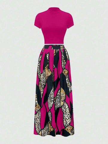 2pcs Women's T-Shirt And Colorblock Wide Leg Pants
