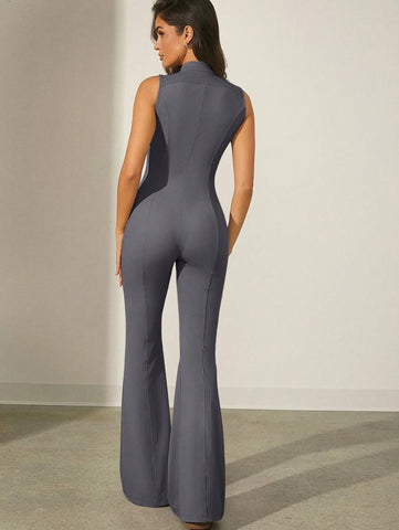 Denimoi Sleeveless Black Jumpsuit With Front Zipper Fall Women Jumpsuit