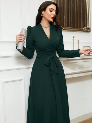 Modely Puff Sleeve Surplice Neck Belted Modest Long Sleeve Dress