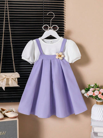 Young Girl Puff Sleeve Shirt With Flower Decoration Suspender A-Line Skirt Set