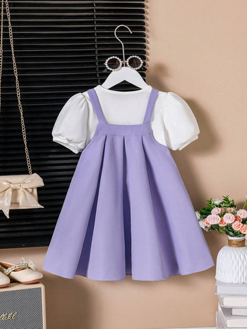 Young Girl Puff Sleeve Shirt With Flower Decoration Suspender A-Line Skirt Set