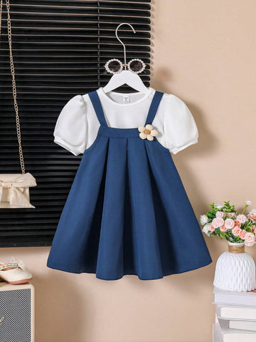 Young Girl Puff Sleeve Shirt With Flower Decoration Suspender A-Line Skirt Set