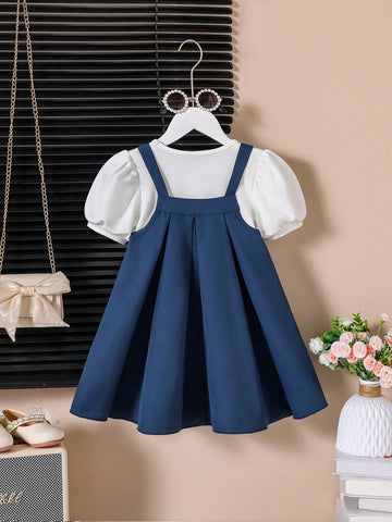 Young Girl Puff Sleeve Shirt With Flower Decoration Suspender A-Line Skirt Set