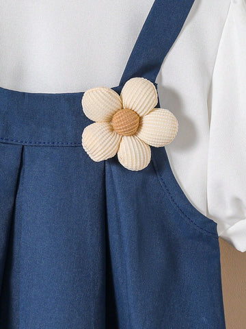 Young Girl Puff Sleeve Shirt With Flower Decoration Suspender A-Line Skirt Set