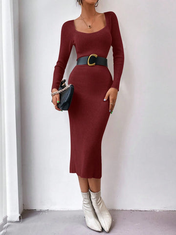 X Lucía Bellido SHEIN Privé Square Neck Raglan Sleeve Slit Back Sweater Dress Without Belt