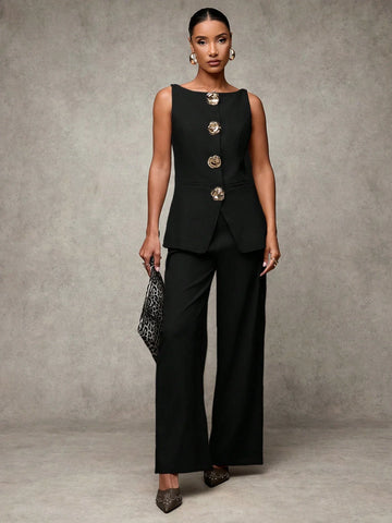 BAE Women's Solid Color Round Neck Single-Breasted Vest And Pants