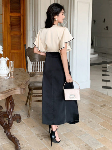 DAZY Women's Solid Color Patchwork V-Neck Short Sleeve Casual Long Dress