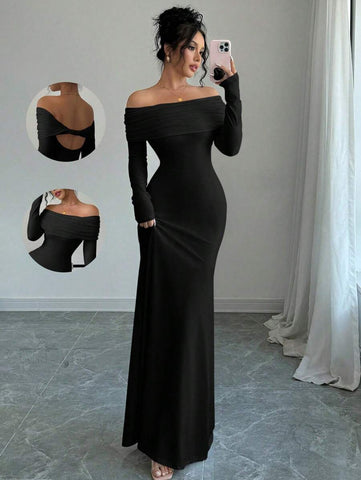 Elegant Fitted Long Sleeve Cinched Waist Double Layer Off-Shoulder Backless Twist Fishtail Hem Ribbed Knit Dress