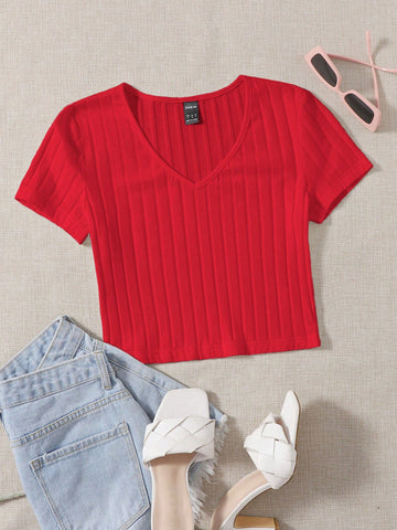 Essnce V-neck Rib-knit Tee