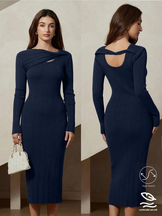 Elegant Hollow Out Twist Knot Design Round Neck Cinched Waist Long Sleeve Bodycon Maxi Sweater Dress